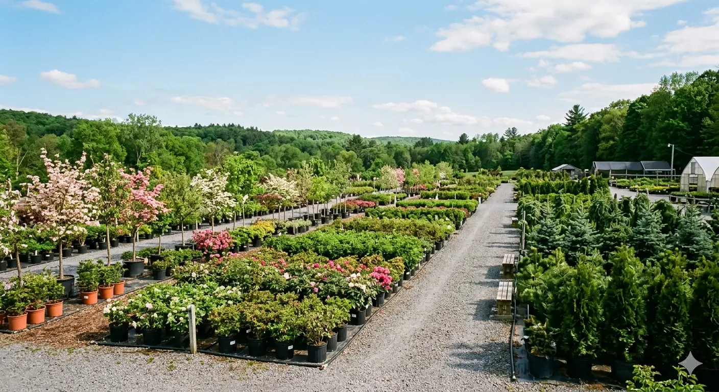 Plants and trees at a New York garden center and landscape supplier