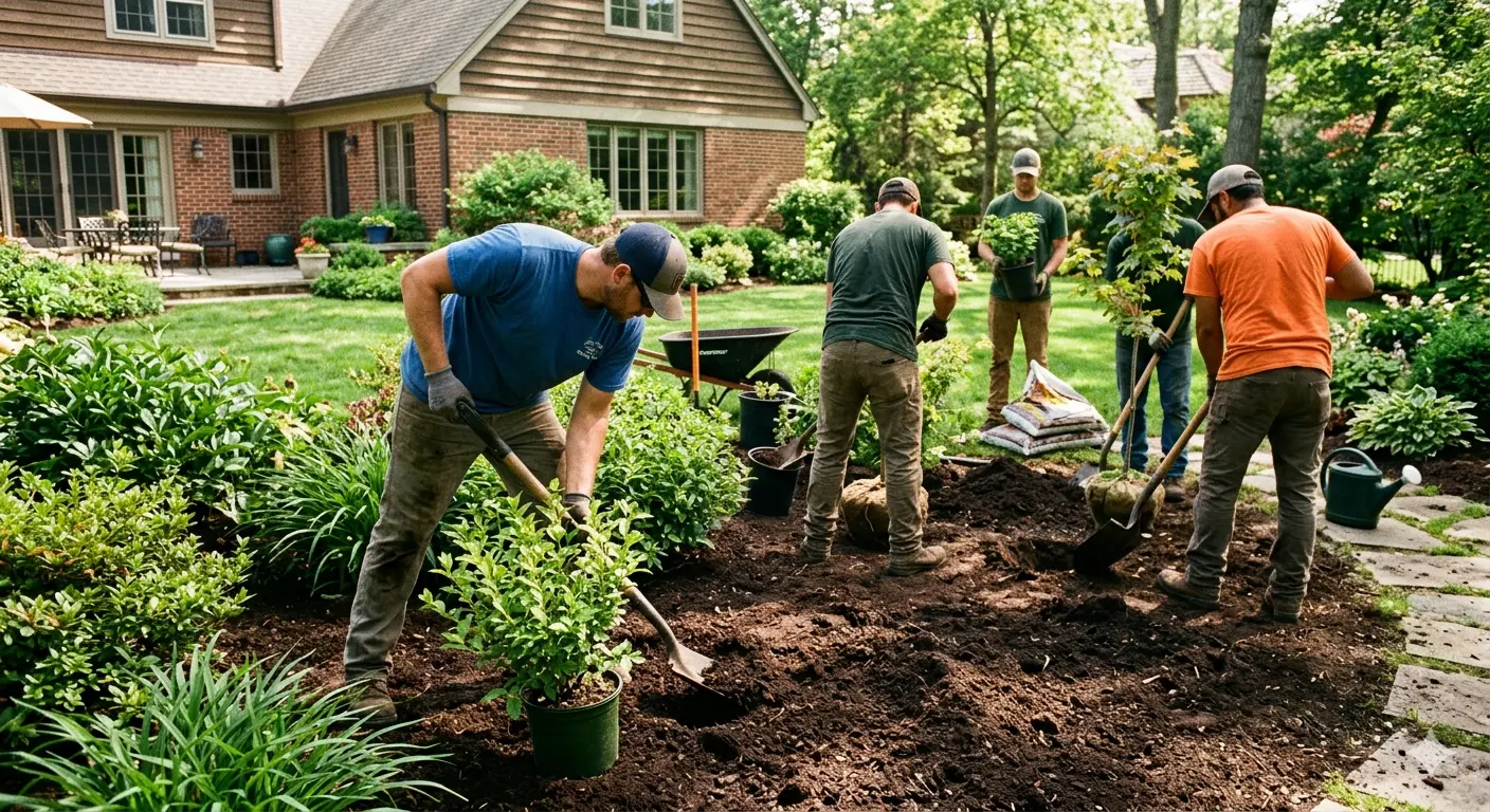 Landscape crew planting shrubs and trees in a residential yard