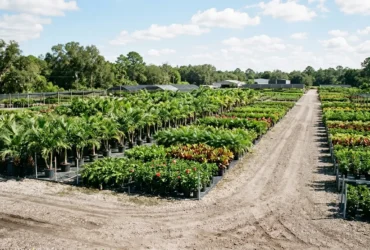 Central Florida wholesale plant nursery with rows of palms and tropical plants