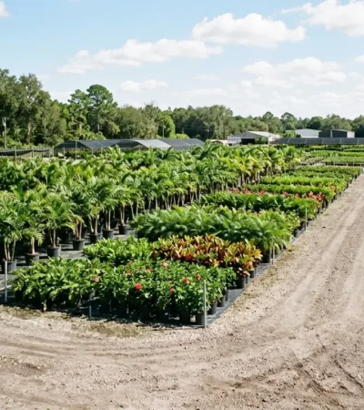 Central Florida wholesale plant nursery with rows of palms and tropical plants
