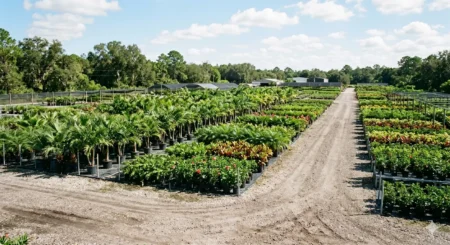 Central Florida wholesale plant nursery with rows of palms and tropical plants