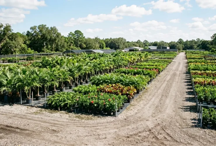 Central Florida wholesale plant nursery with rows of palms and tropical plants