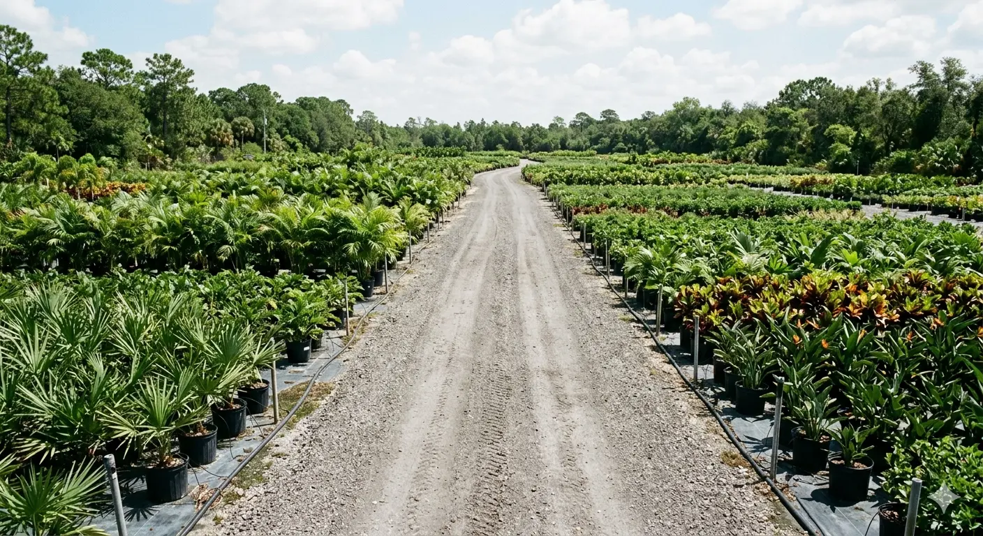 Wholesale plant nursery yard with rows of nursery containers