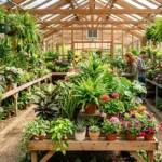 A bright garden center greenhouse full of plants in Denver, Colorado