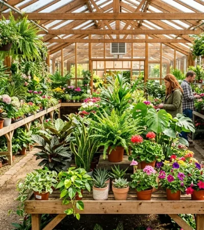 A bright garden center greenhouse full of plants in Denver, Colorado