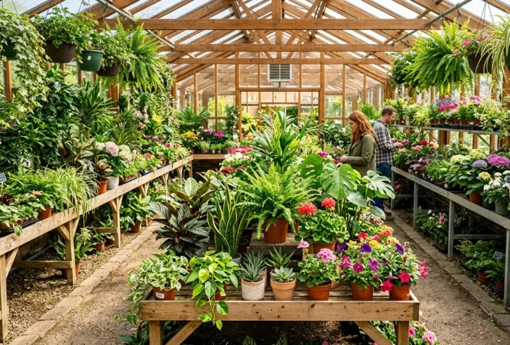 A bright garden center greenhouse full of plants in Denver, Colorado