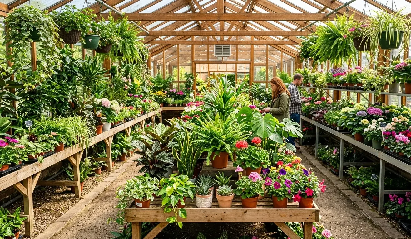 A bright garden center greenhouse full of plants in Denver, Colorado