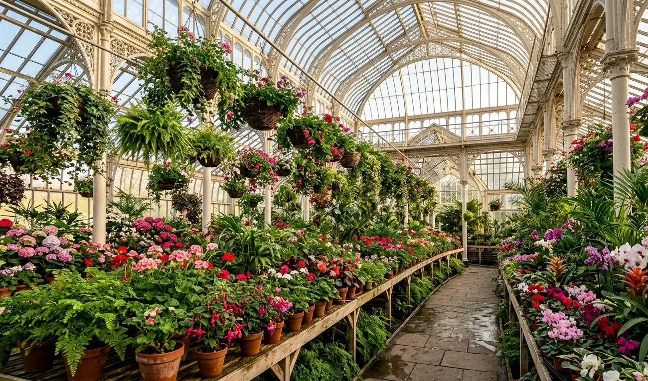 Interior of a large greenhouse filled with houseplants and flowers