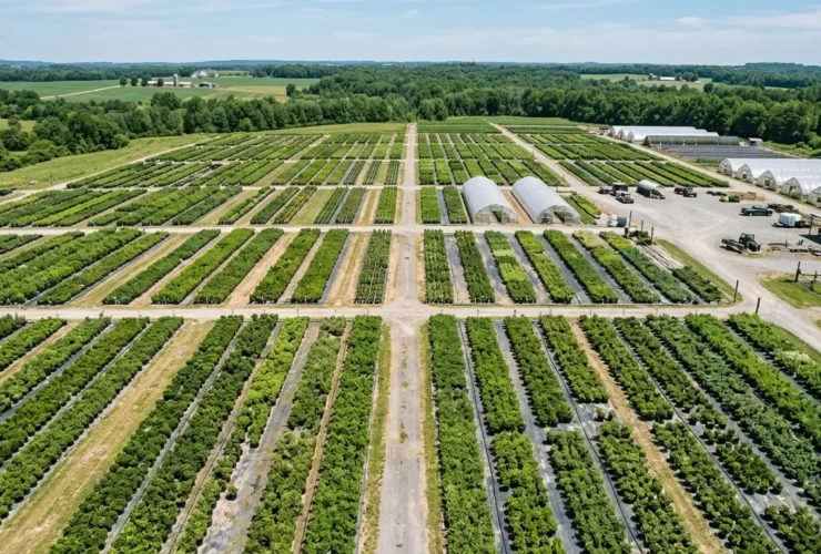 Large wholesale container nursery with rows of shrubs and perennials