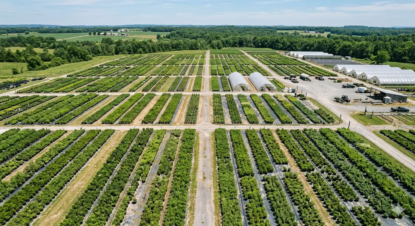 Large wholesale container nursery with rows of shrubs and perennials