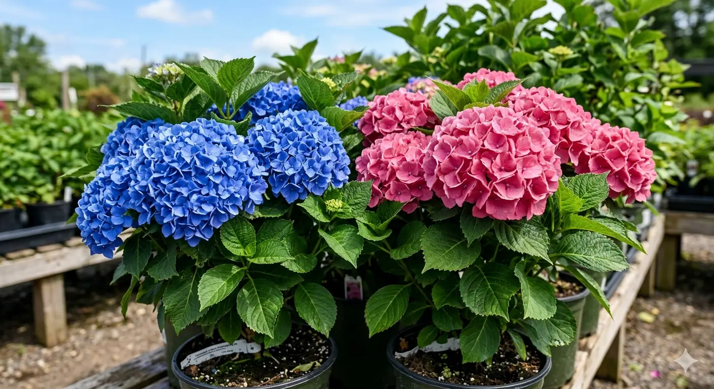 Healthy hydrangea plants in nursery containers ready for shipping Title: Hydrangeas at East Coast Nurseries