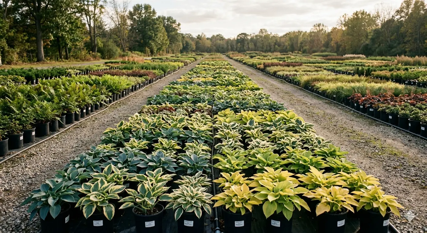 Rows of perennials including hostas in a large wholesale plant nursery
