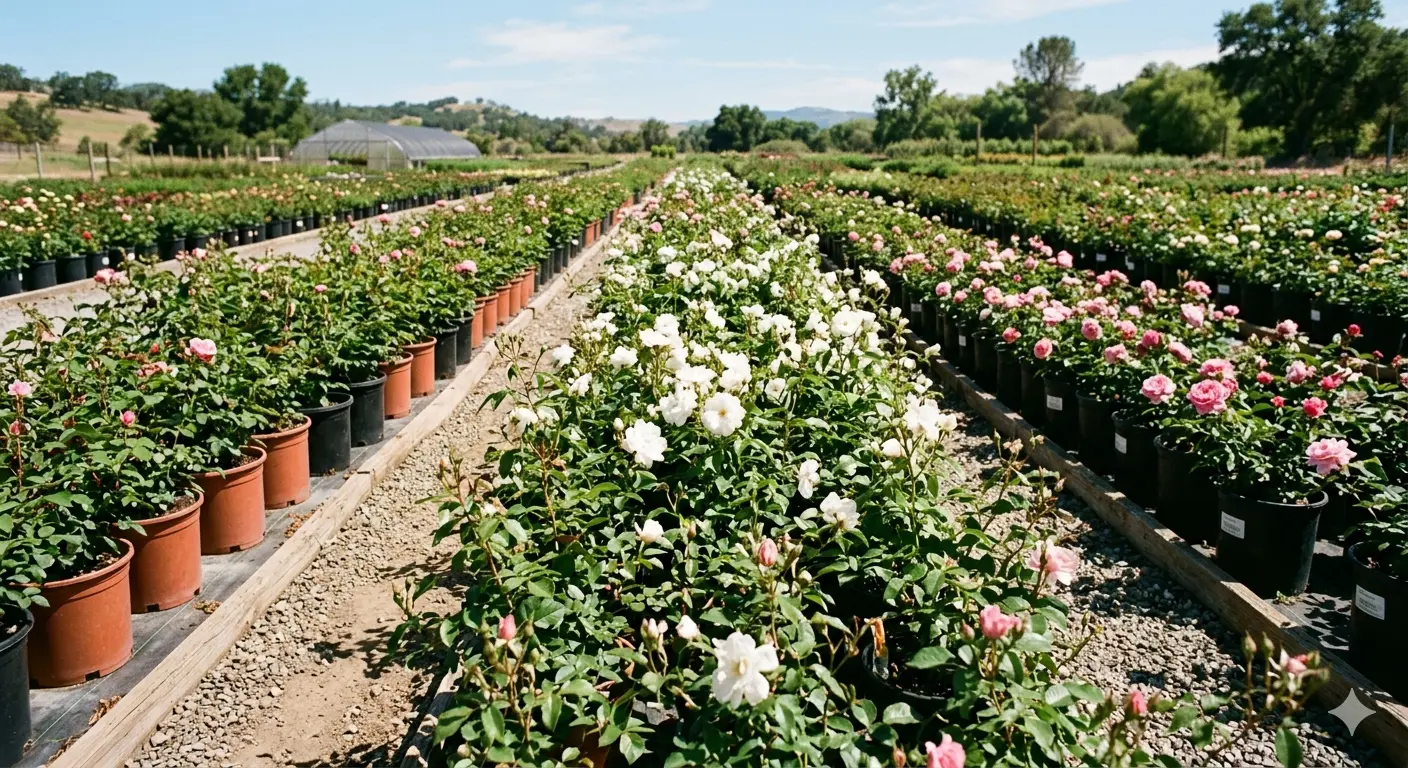 Rose plants in nursery containers in a wholesale growing yard