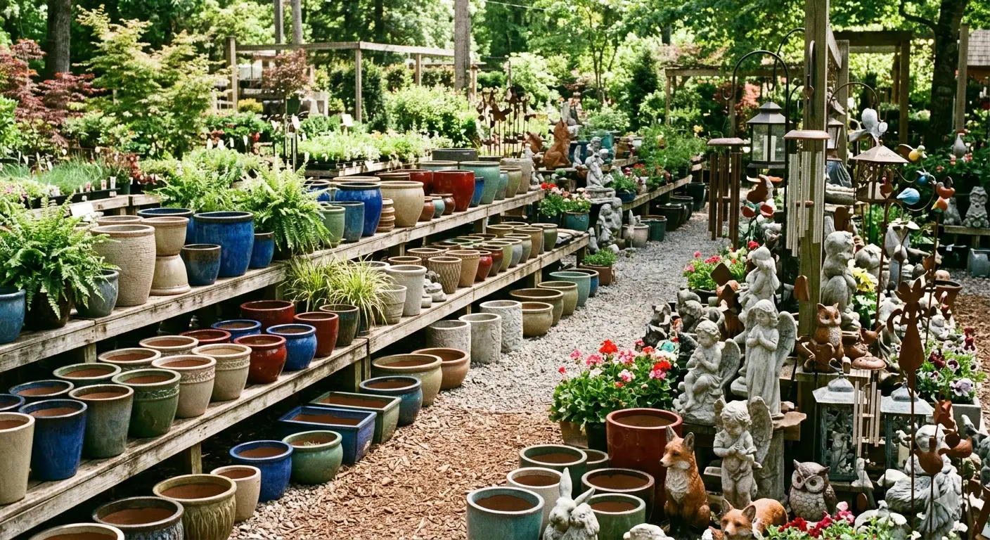 Decorative pots planters and garden decor at a Raleigh garden center