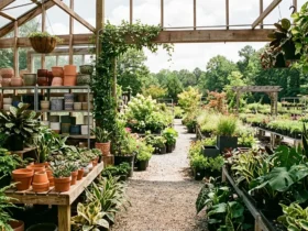 Indoor and outdoor plant displays at a North Carolina garden center