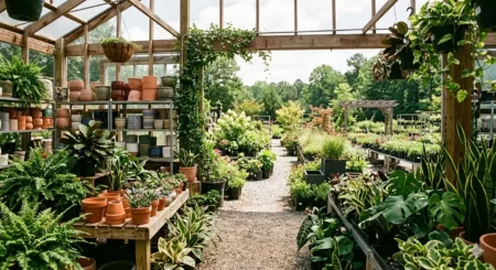 Indoor and outdoor plant displays at a North Carolina garden center