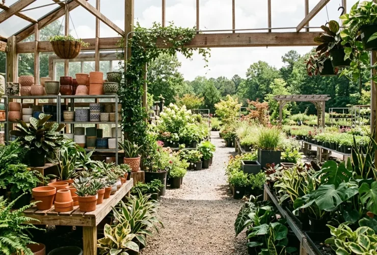 Indoor and outdoor plant displays at a North Carolina garden center
