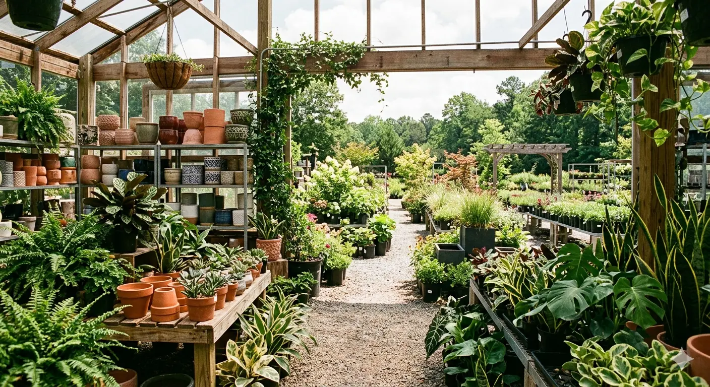 Indoor and outdoor plant displays at a North Carolina garden center
