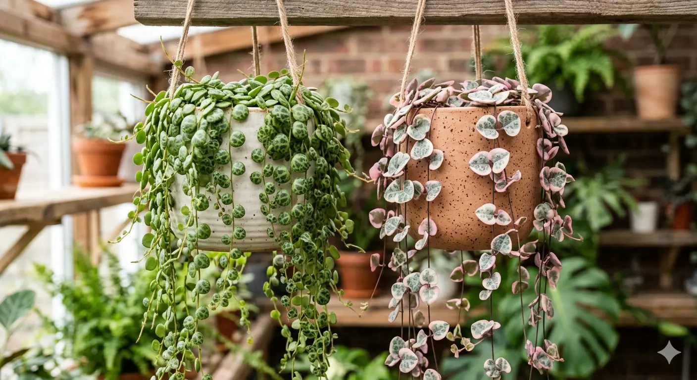 String of turtles and variegated string of hearts trailing plants