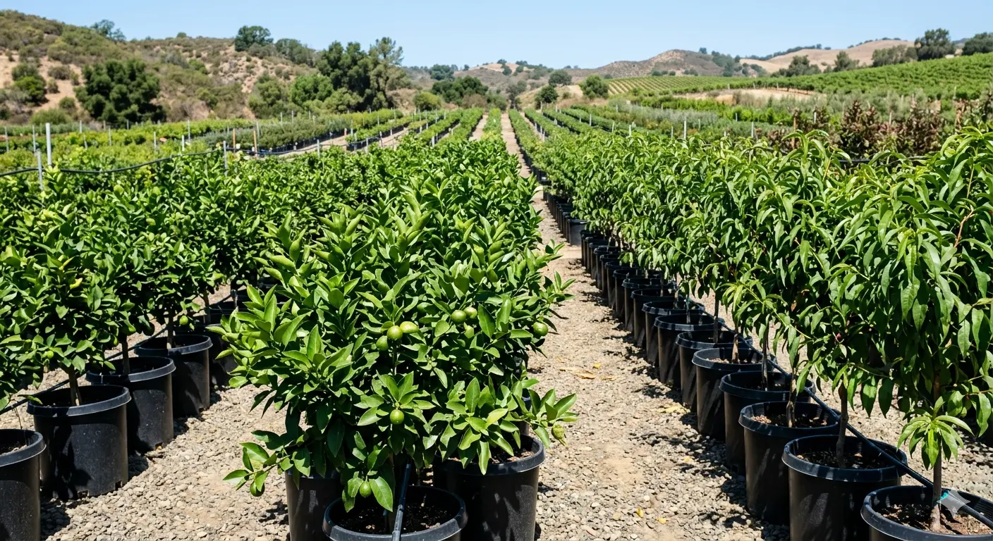 Container-grown fruit trees including citrus and stone fruit at a California nursery