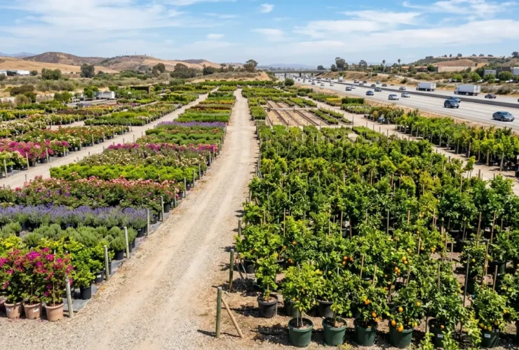 Large California garden center with rows of fruit trees and flowering plants