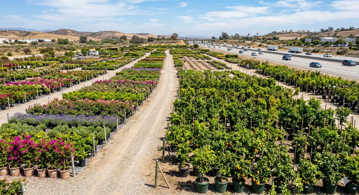 Large California garden center with rows of fruit trees and flowering plants