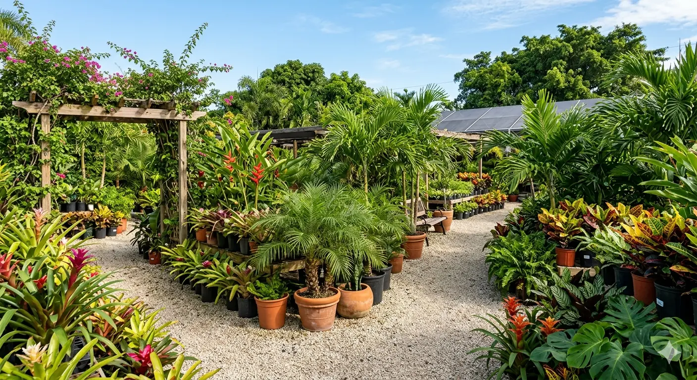 Retail garden center display with tropical plants and palms in south Florida