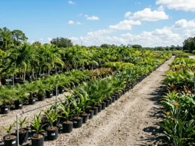 South Miami-Dade tropical plant nursery with rows of containerized plants