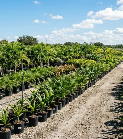 South Miami-Dade tropical plant nursery with rows of containerized plants