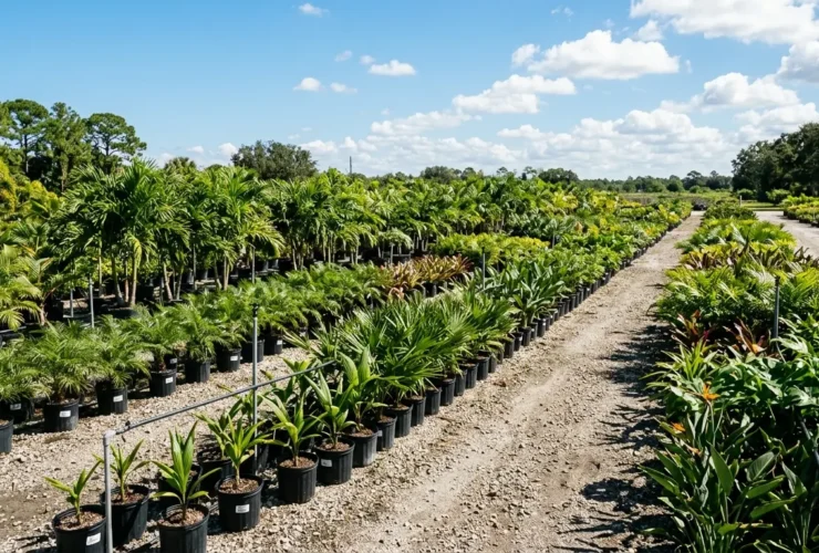 South Miami-Dade tropical plant nursery with rows of containerized plants