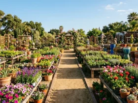 Colorful flowering plants and garden decor at a large California nursery