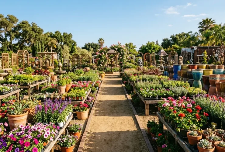 Colorful flowering plants and garden decor at a large California nursery