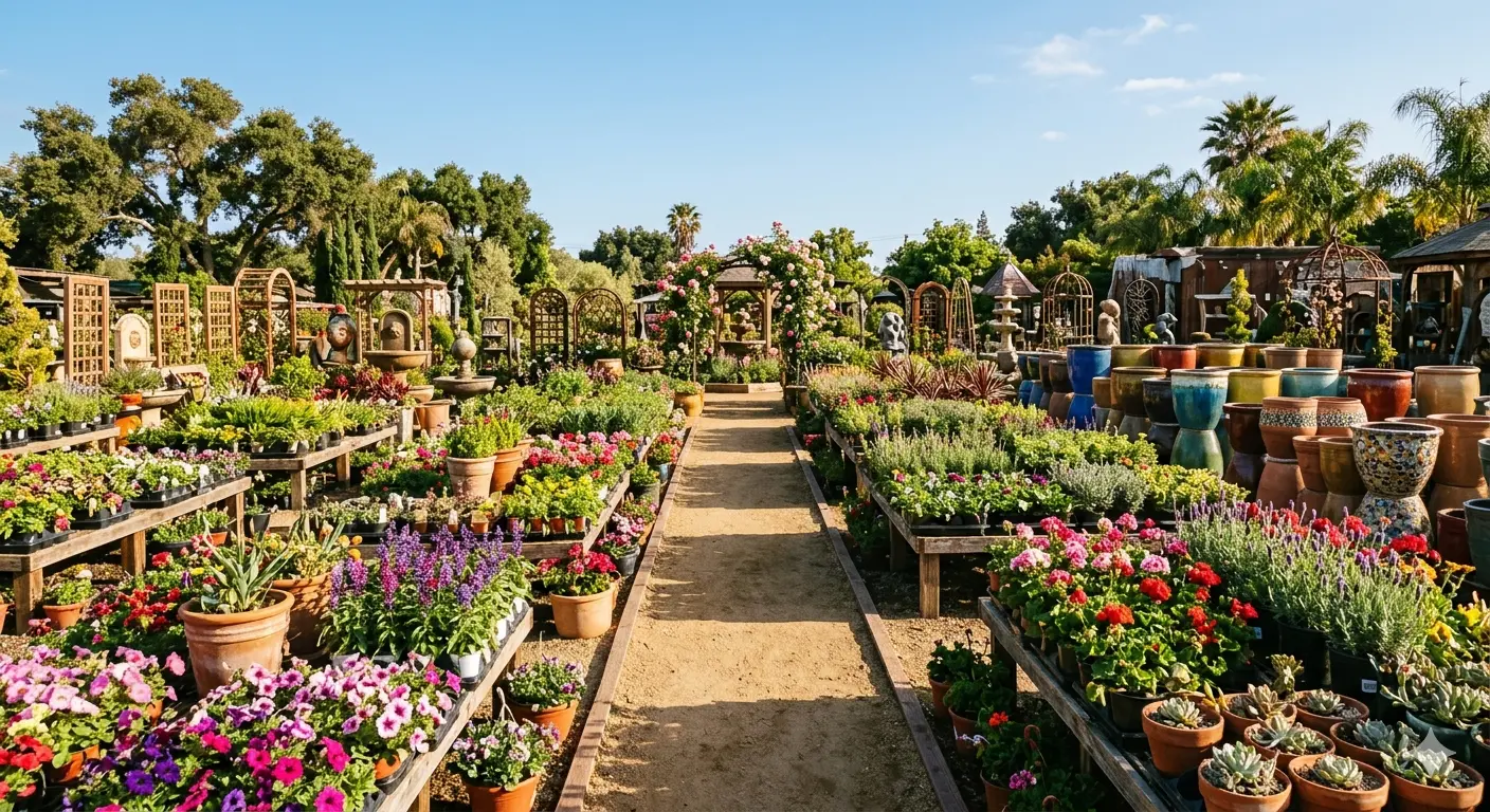Colorful flowering plants and garden decor at a large California nursery
