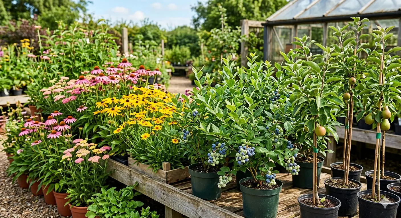 Mix of flowering plants and edible fruit trees at a California garden center