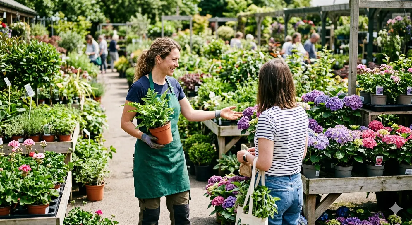 Garden center staff helping customer with plant selection