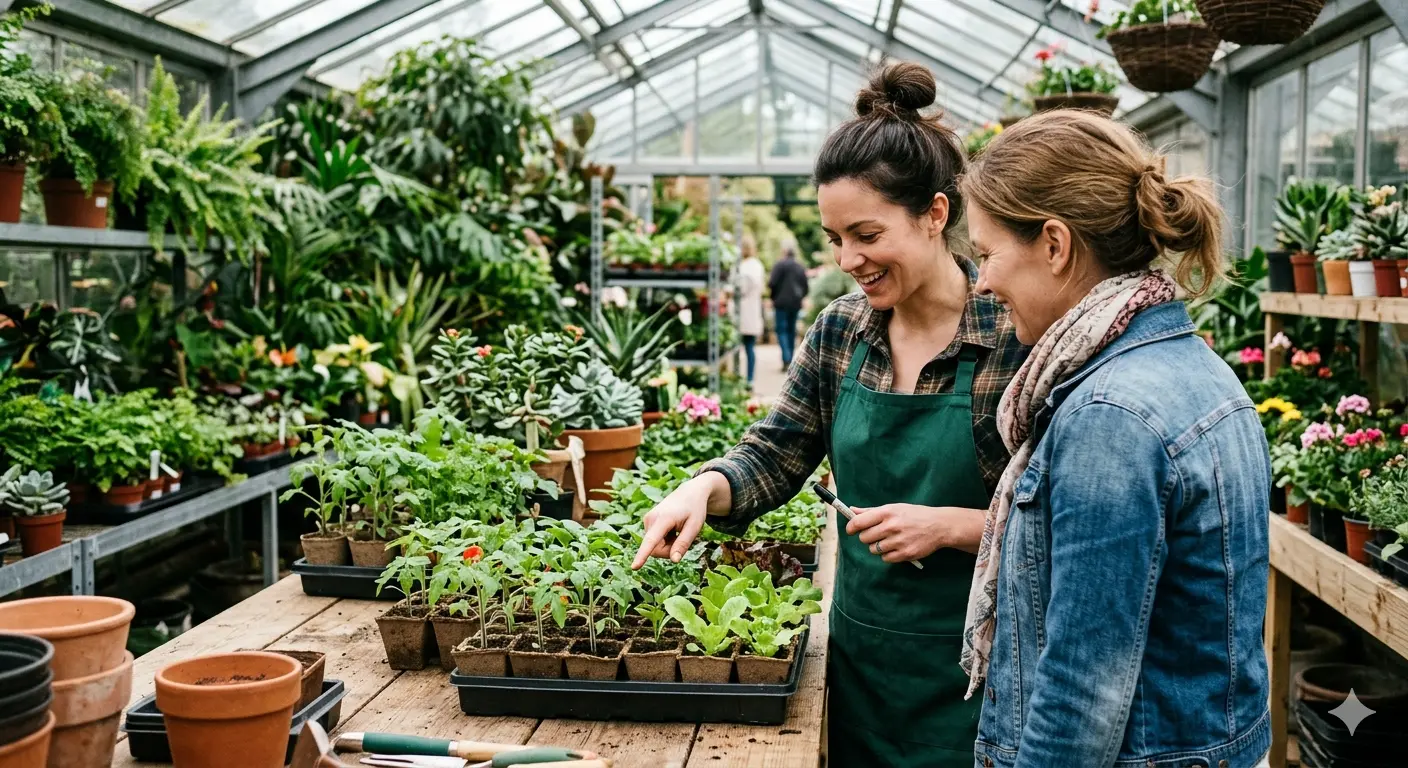 Garden center staff helping a first-time gardener with plant selection