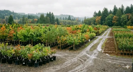 Rows of young deciduous trees and liners at a Pacific Northwest wholesale nursery