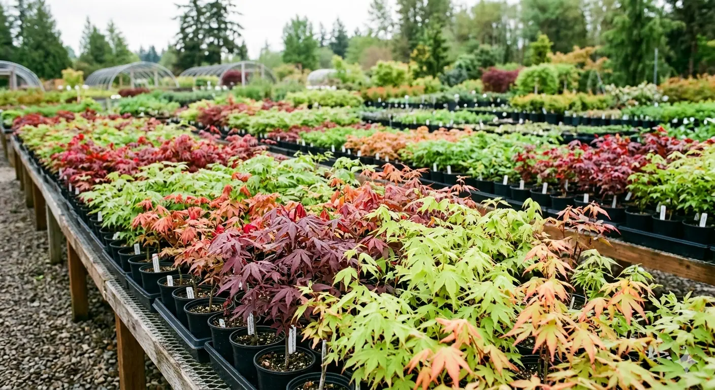 Japanese maple seedlings with red and green foliage in nursery rows