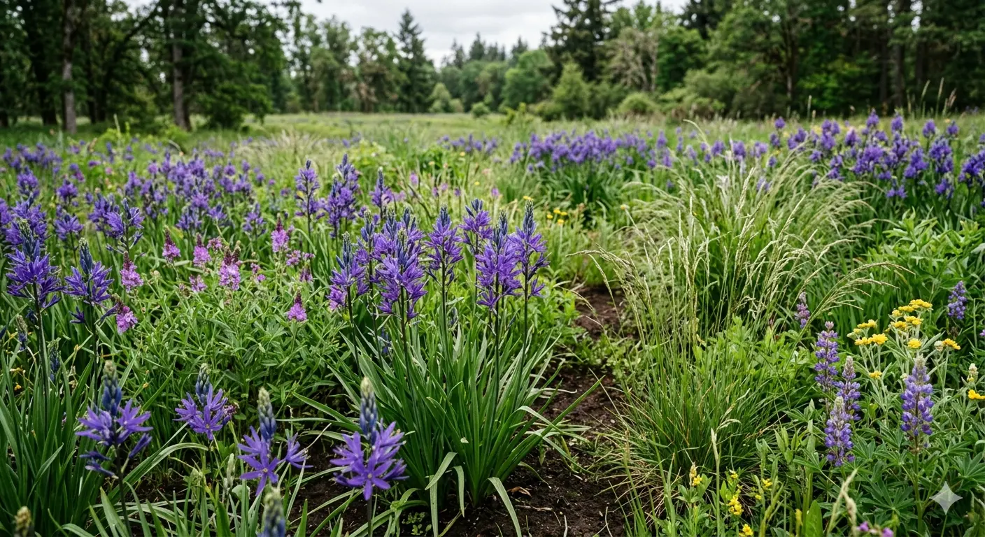 Willamette Valley native wildflowers and grasses growing in restoration plots