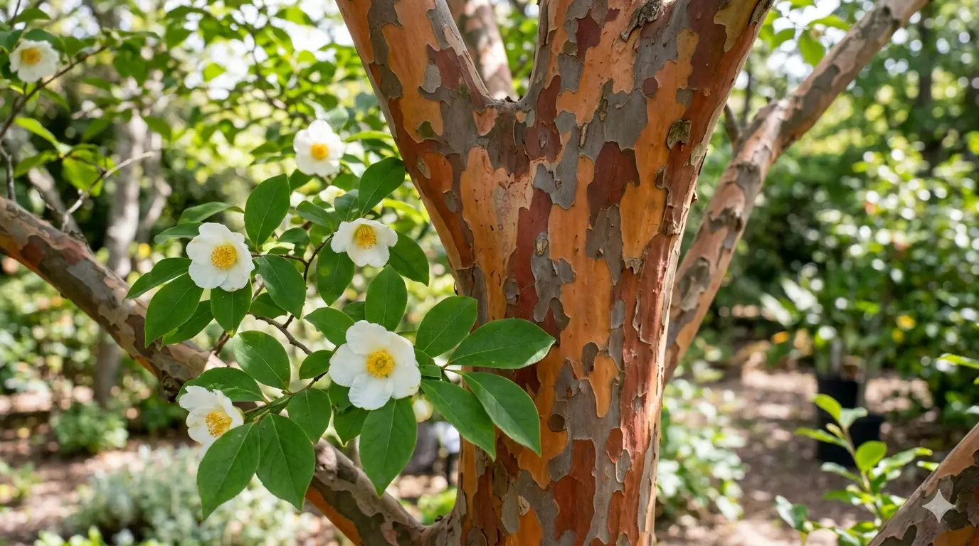 Japanese Stewartia tree with mottled bark and small white camellia-like flowers