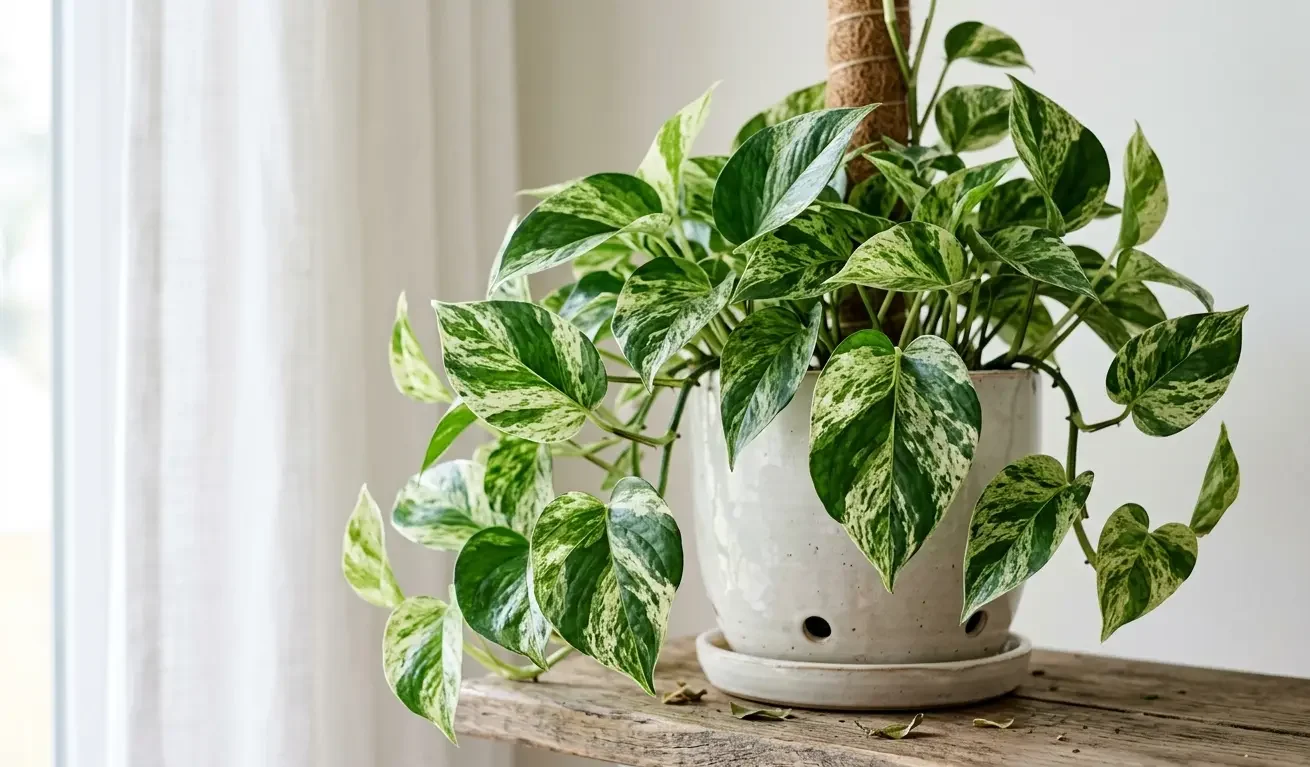 Marble Queen pothos with marbled green and creamy white leaves