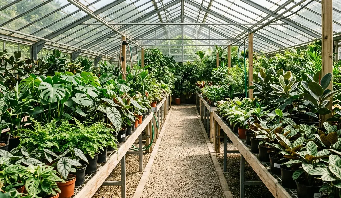 Sunlit greenhouse aisle filled with tropical houseplants