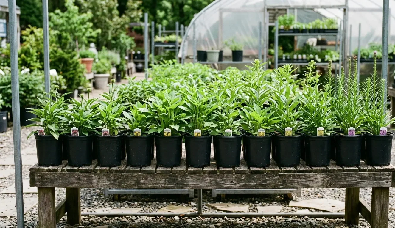 Native perennial plants in nursery containers