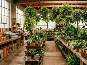 Lush plant nursery interior with rows of houseplants in Nashville