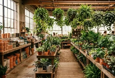 Lush plant nursery interior with rows of houseplants in Nashville