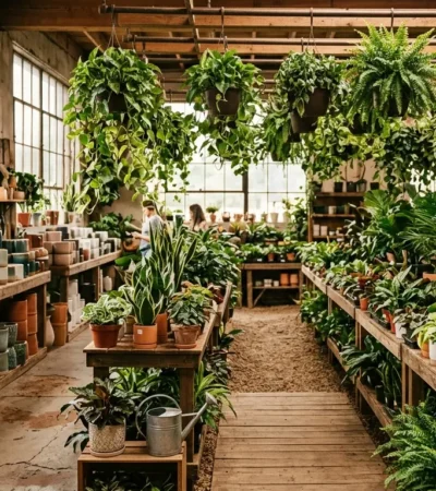 Lush plant nursery interior with rows of houseplants in Nashville