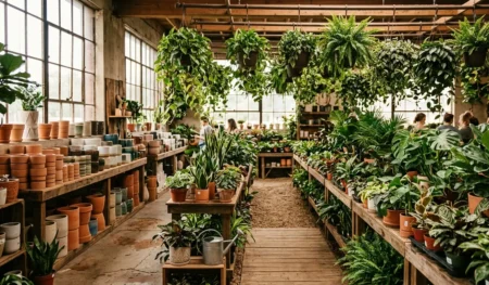 Lush plant nursery interior with rows of houseplants in Nashville