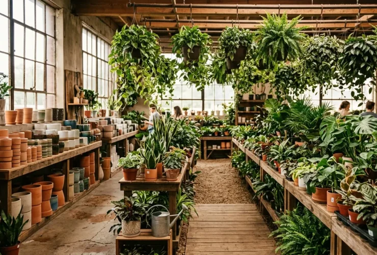 Lush plant nursery interior with rows of houseplants in Nashville