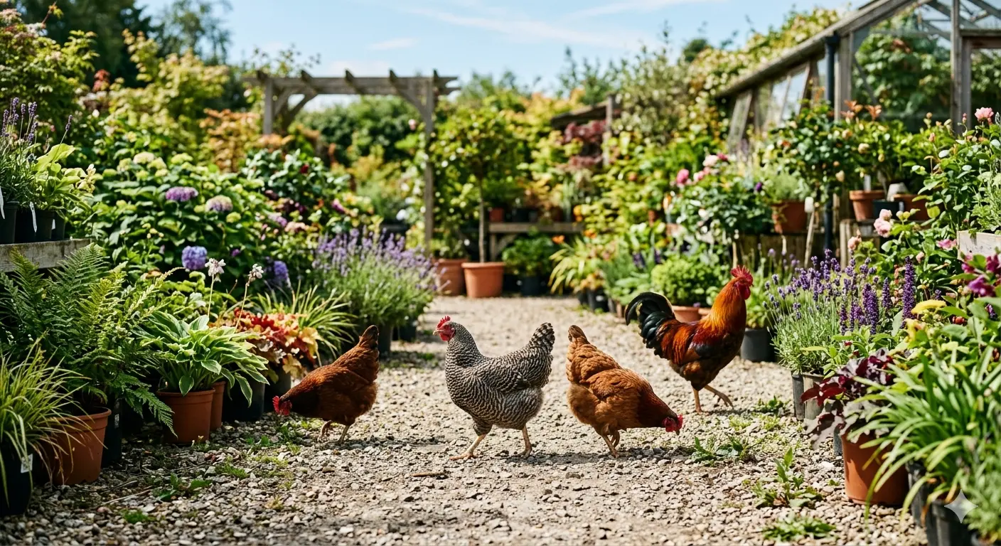 Free-roaming chickens at a family-owned plant nursery
