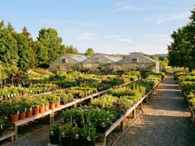 Outdoor garden center with greenhouses and rows of plants in north Idaho